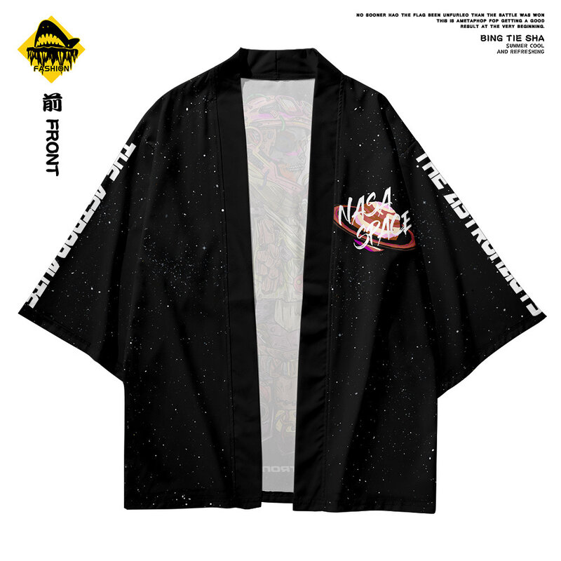Verão preto astronauta impressão quimono casaco e calça japonês cardigan harajuku homem haori samurai quimono streetwear yukata