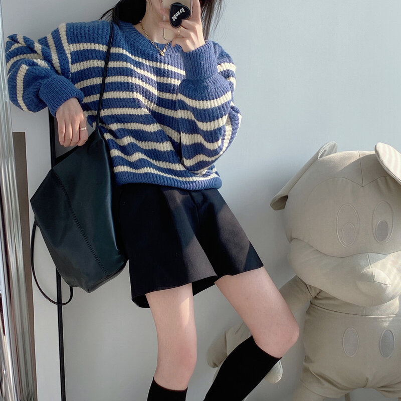 Осенне-зимний женский полосатый контрастный свитер, пуловеры, вязаные повседневные женские свободные мягкие милые топы с круглым вырезом и...