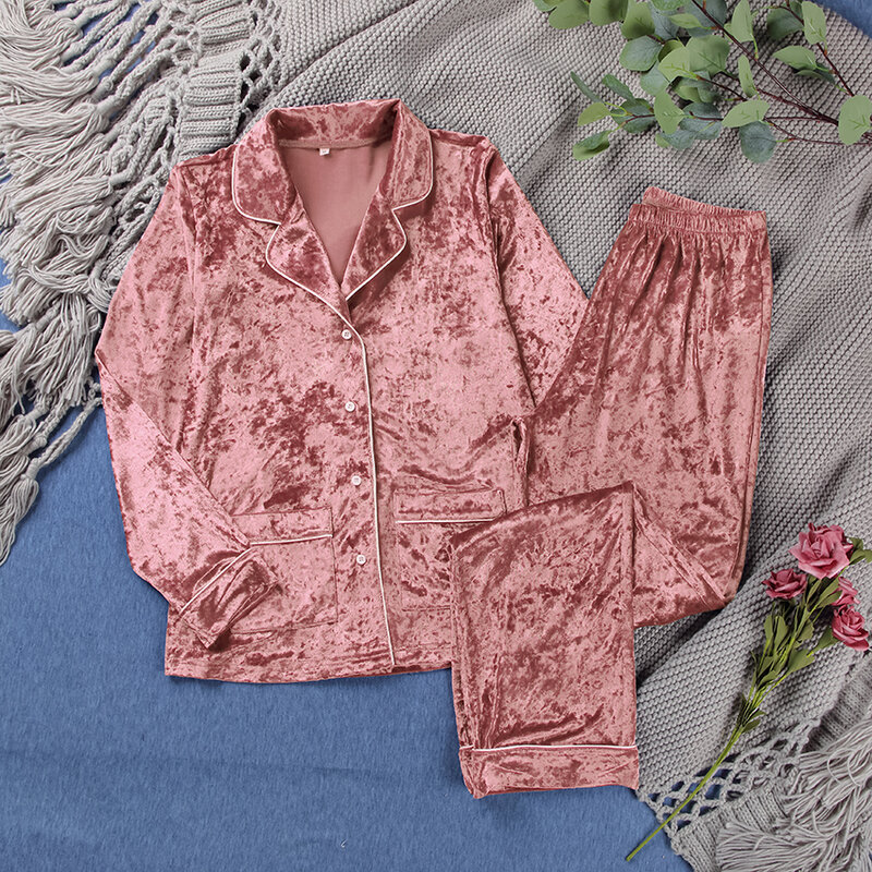 Hiloc roxo veludo pijamas feminino define manga longa terno para casa inverno pijamas quente lounge wear bolsos duplos feminino conjunto casual