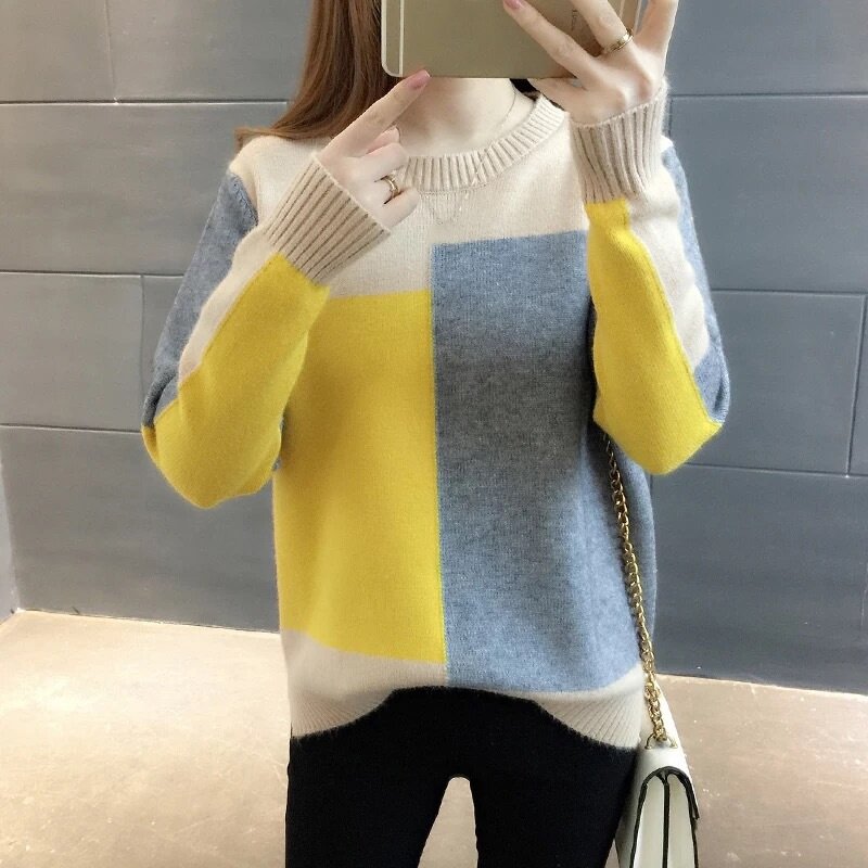 2020 herbst Winter Koreanischen stil Kontrast Farbe Pullover Frauen Langarm Jumper Pullover Und Pullover Gestrickte Pullover pull femme