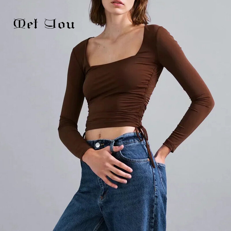 Za-Camiseta plisada elástica con cuello cuadrado para mujer, Top corto recortado de manga larga, color sólido, sexy, Otoño, MET016, 2020