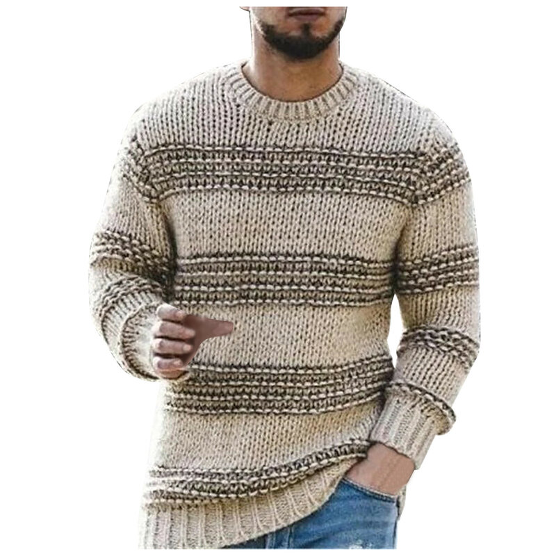 Men's Round Neck Pullover Casual Soft Free Loose Warm Sweater Chic Stretch Striped Long Sleeve Knit Top Men Casual Sweatshirts