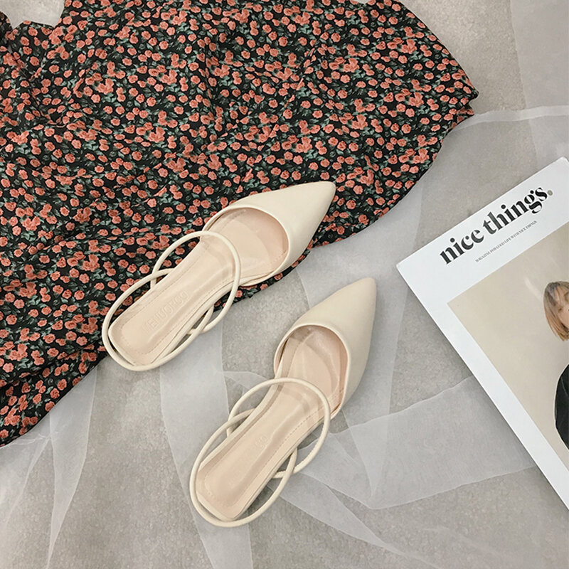 Zapatos planos de punta estrecha para mujer, zapatillas de verano Vintage con suela de goma, Sandalias de tacón Beige bajo, 2021