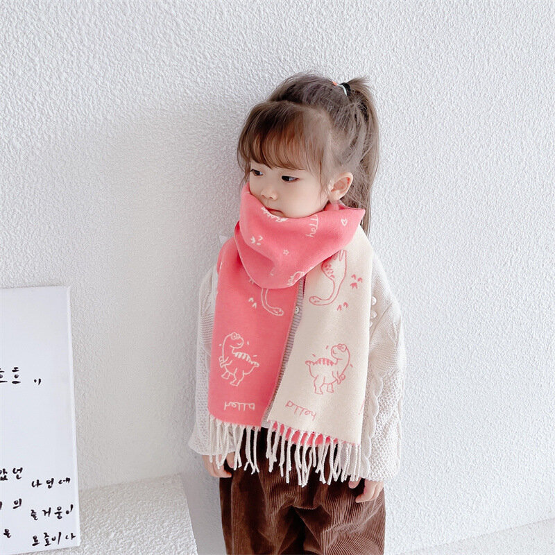 Winter Cashmere Scarf Children Korea Thick Warm Cartoon Dinosaur Print Tassel Wool Boy Girl Scarves Neckerchief Kid Holiday Gift