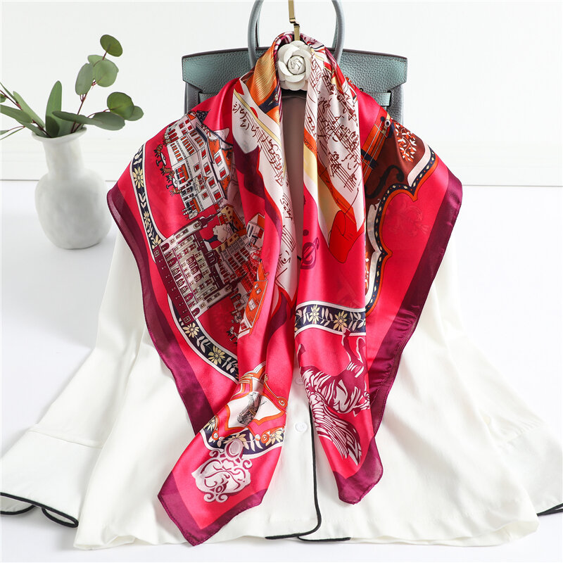 Foulard carré en Satin de soie imprimé rétro pour femmes, 90cm, Hijab, Foulard, cravate pour cheveux, mode Bandana, sac portefeuille, châle, bandeau