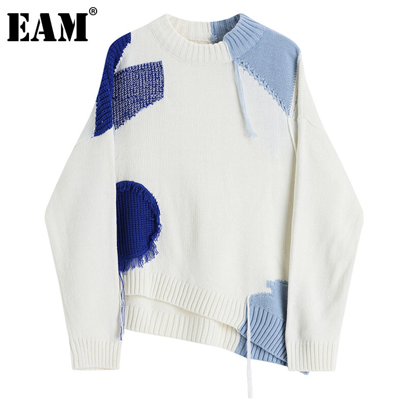 [EAM] Tassels 큰 크기 뜨개질 스웨터 느슨한 맞는 라운드 넥 긴 소매 여성 풀오버 새로운 패션 가을 겨울 2021 1DD3987