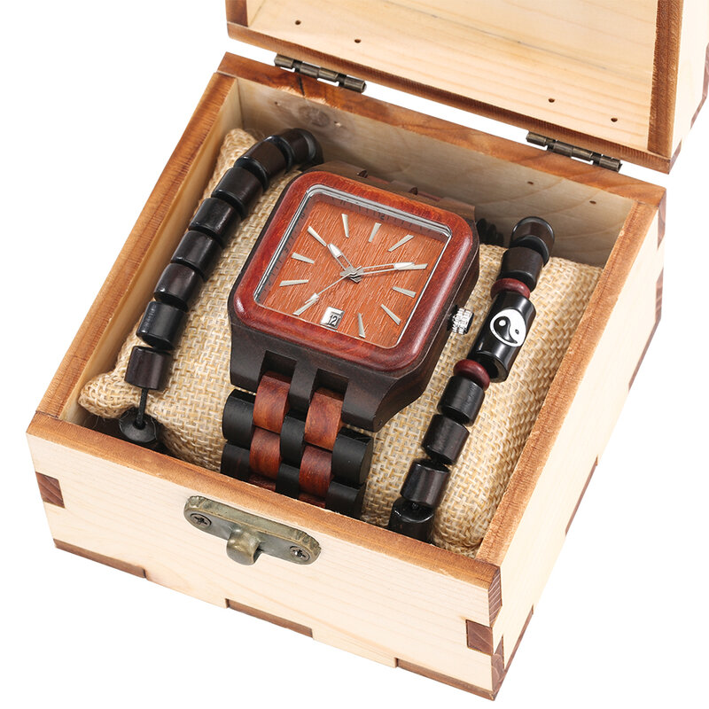 الرجال خشبية ساعة حركة من كوارتز خمر سوار مُزين بالخرز طقم هدايا مع مربع مربع ساعة العتيقة الخشب حزام ساعة اليد للذكور