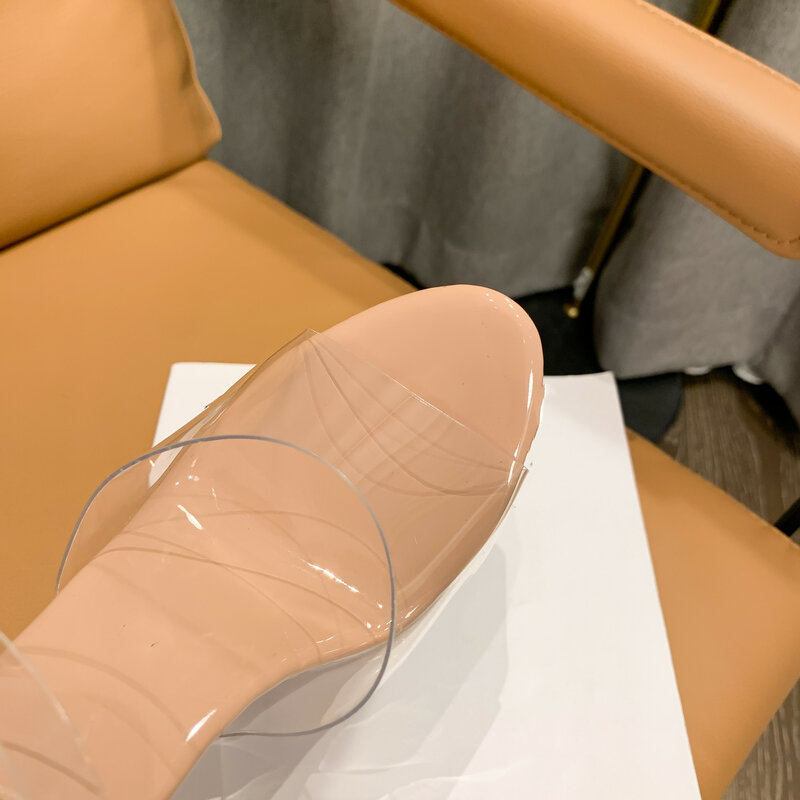 2021 letnie nowe damskie kryształowe sandały na obcasie moda Sexy odkryte palce i pięta przezroczyste grube podeszwie klamra klub nocny buty sceniczne