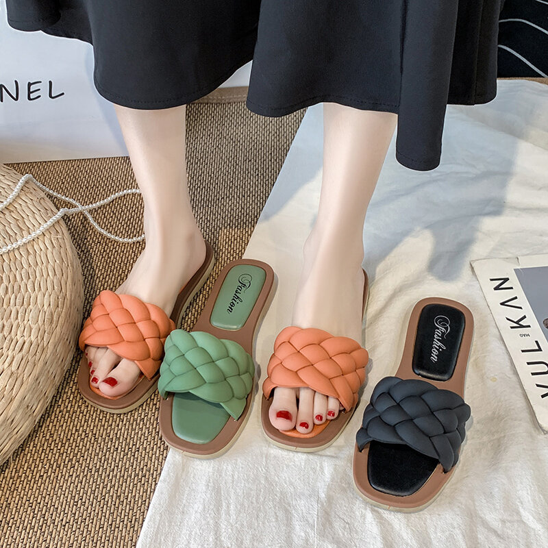 Yishen feminino temperamento chinelos trançado design aberto-toe definir pés férias praia plana sandálias casuais flip flops sapatos femininos