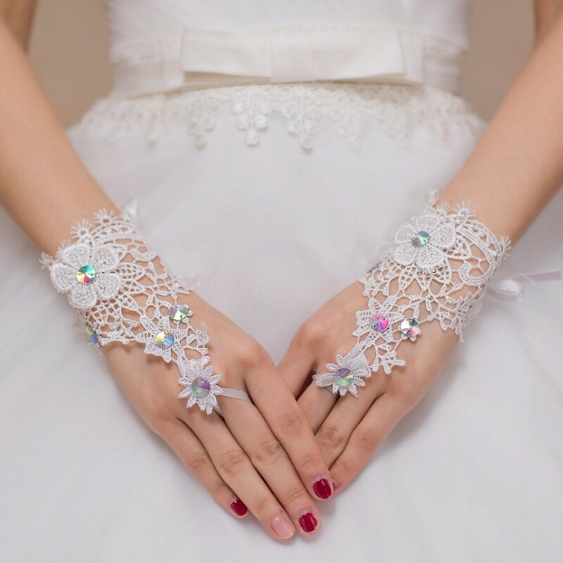 Sarung Tangan Pernikahan Pendek Sarung Tangan Pengantin Wanita Tanpa Jari Putih Aksesori Pernikahan Hadiah Pesta Pengantin Panjang Pergelangan Tangan