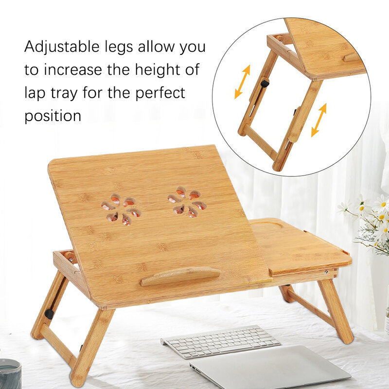 Estante de escritorio de bambú ajustable, soporte para cama de dormitorio, portátil, dos flores, lectura de libros, mesa para ordenador portátil, 1 ud.