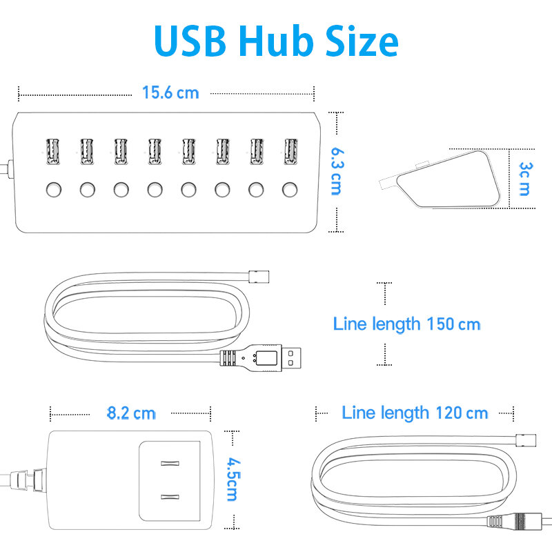 Schitec – Extension USB HUB 3.0, 8 Ports, avec interrupteurs marche/arrêt, adaptateur 15W, accessoires d'ordinateur