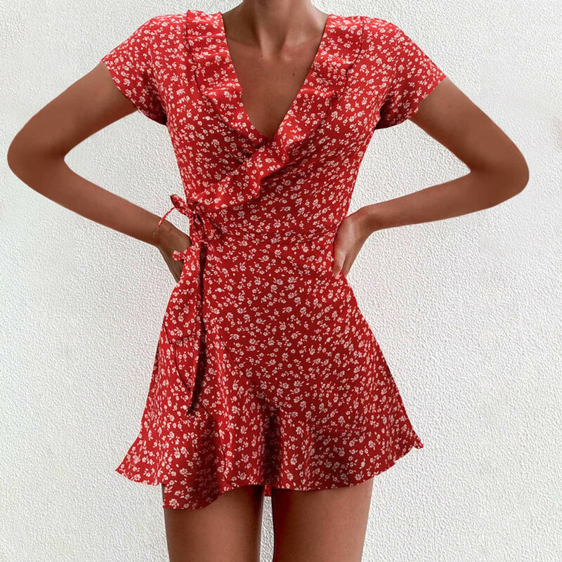 Robe d'été en mousseline de soie pour femmes, à la mode, à volants, manches courtes, imprimé, robes à bandes décontractées, col en v, Mini robe de plage, 2021