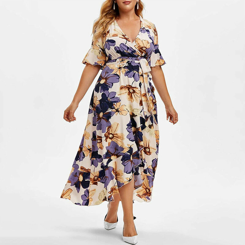 Letnie sukienki Plus rozmiar moda damska dekolt w serek dopasowane kwiatowe drukowanie sukienka z krótkim rękawem darmowa wysyłka