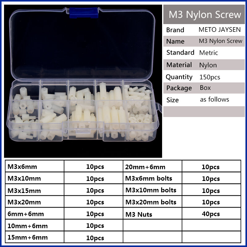 M3 Mannelijke Vrouwelijke Hex Nylon Spacer Standoff Schroef Wit Afstand Plastic Moer Assortiment Kit 150 Stks/set M3NLB206