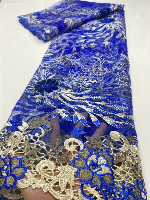 Blue African Lace Fabric 2020 High Quality Net Beaded Lace Fabric Nigerian French Tulle Lace Fabrics For Dress YA3527B-1