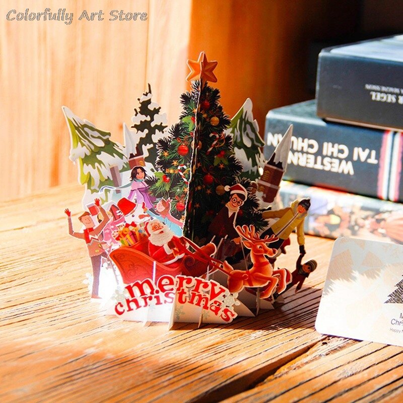 ثلاثية الأبعاد الإبداعية زخرفة عيد الميلاد بطاقة سانتا كلوز ركوب شكرا لك ديكور حفلات الزواج الأعمال بطاقة بريدية هدية