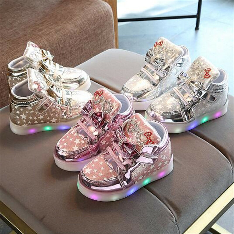 Novo brilhante tênis crianças luz sapatos meninas luminosa casual primavera/outono iluminado bebê da criança dos miúdos sapatos esportivos planos 018