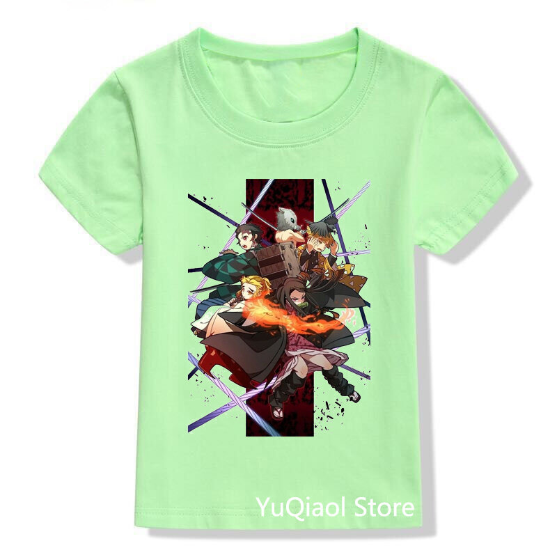 Japońskie Anime Demon Slayer T Shirt dzieci Kawaii Kimetsu nie Yaiba koszulki z nadrukami Tanjirou Kamado chłopcy topy śmieszne Tshirt zielony