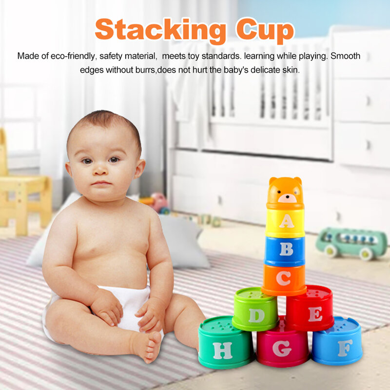 Tasse à empiler en plastique pour bébé, 9 pièces, avec lettres et chiffres, activité d'apprentissage, jeu coloré