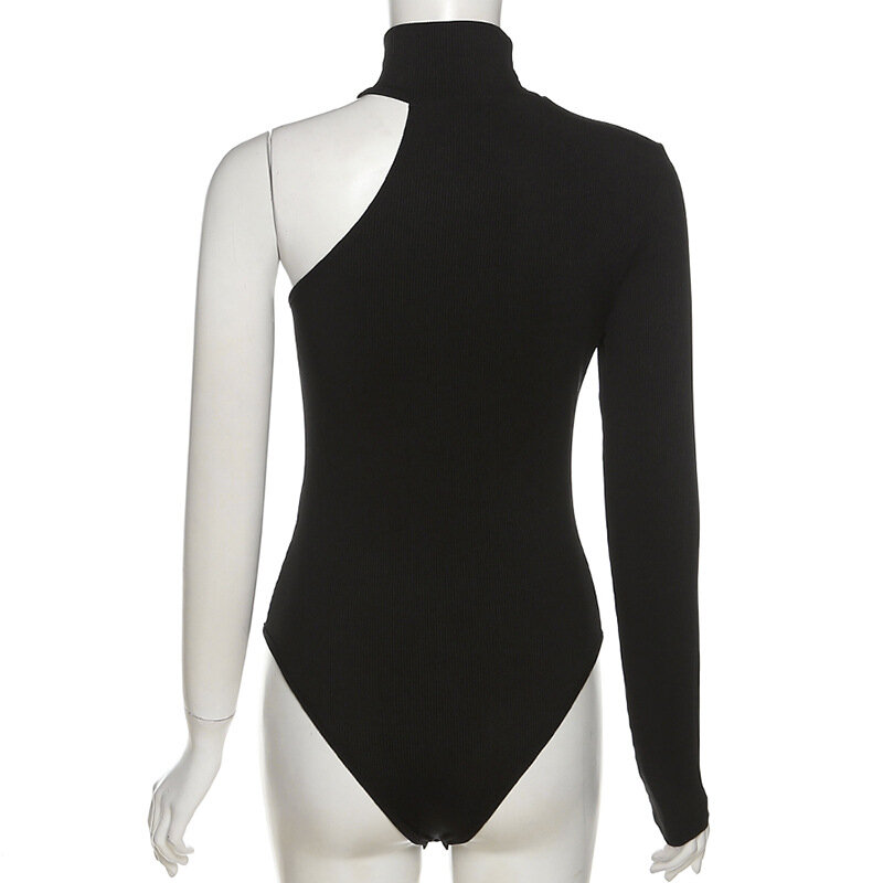 Yuqung-Body de cuello alto con un hombro para mujer, traje de punto de una manga, Jersey negro, Top de una pieza, 2022