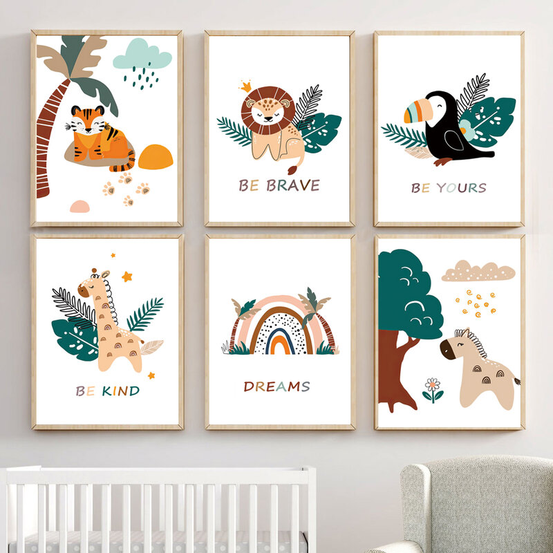 Pintura en lienzo de León, jirafa, Tigre, arcoíris, Animal para guardería, carteles nórdicos e impresión de imágenes de pared, decoración de habitación de bebé para niños