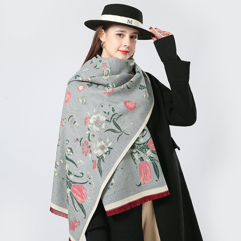 Роскошный зимний шарф, женский кашемировый теплый шарф с цветочным принтом, плотный мягкий чехол-шаль