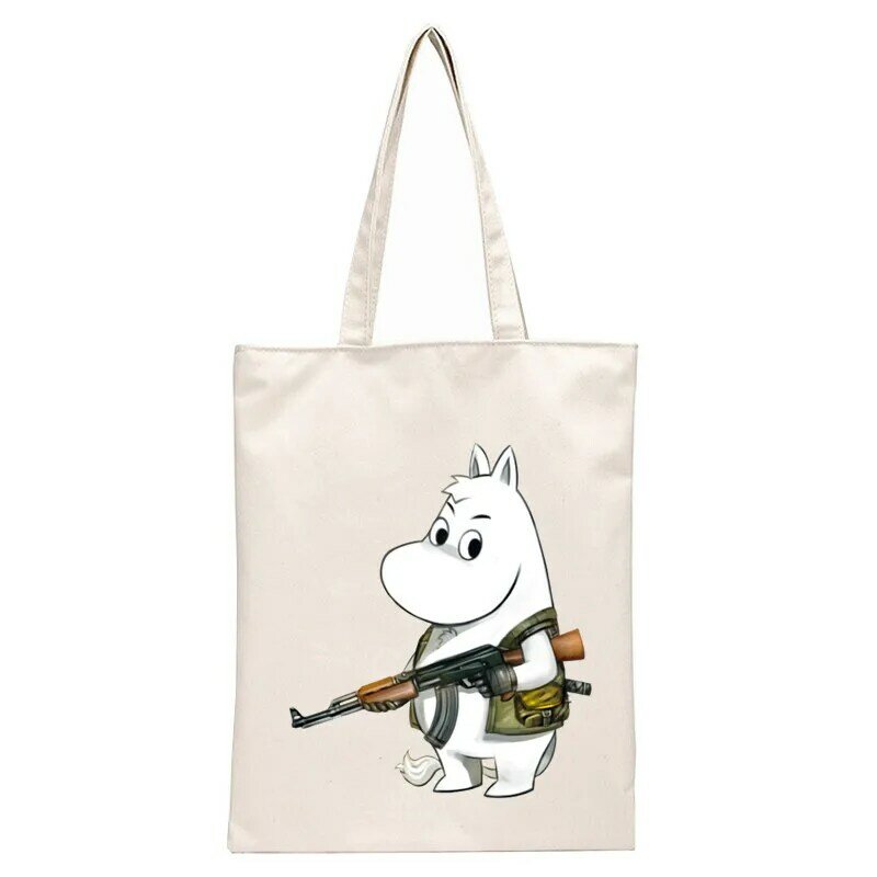 Bolsa de ombro de lona de hipopótamo branco para bolsas femininas eco reutilizável sacola de compras sacos do vintage
