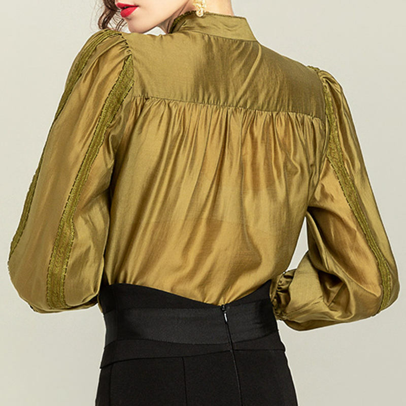 레트로 패션 기질 레이스 칼라 긴 소매 셔츠 탑 여성 쉬폰 실크 오넥, 신제품 봄/여름 2021