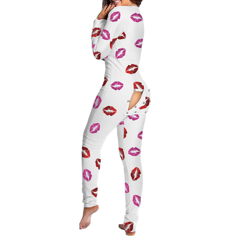 Seksowne damskie piżamy Onesies zapinane na guziki z przodu dekolt w szpic piżamy dla dorosłych kombinezon funkcjonalny zapinany na guziki Flap piżama Femme bielizna nocna