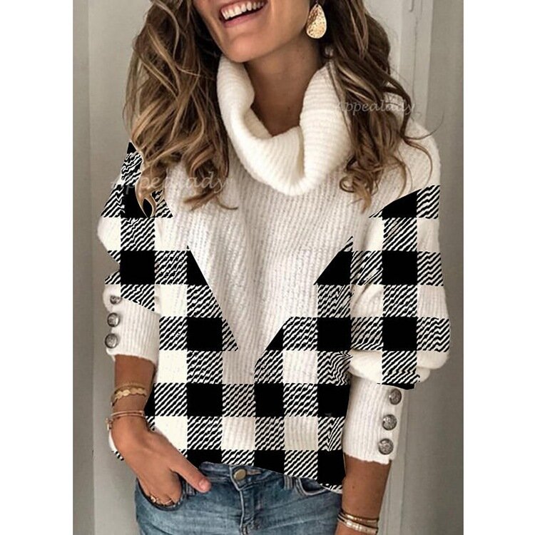 2021 outono e inverno novo feminino xadrez lapela malha moda casual pulôver camisola