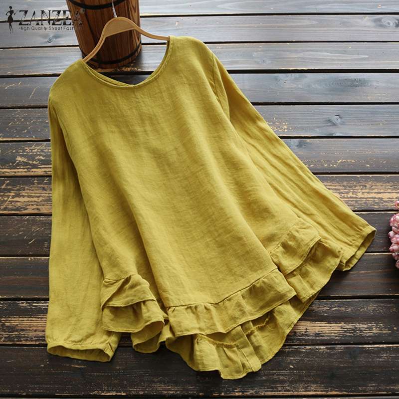 ZANZEA-Blusa holgada informal de lino y algodón para mujer, camisa de manga larga con cuello redondo y volantes, Estilo Vintage, Primavera