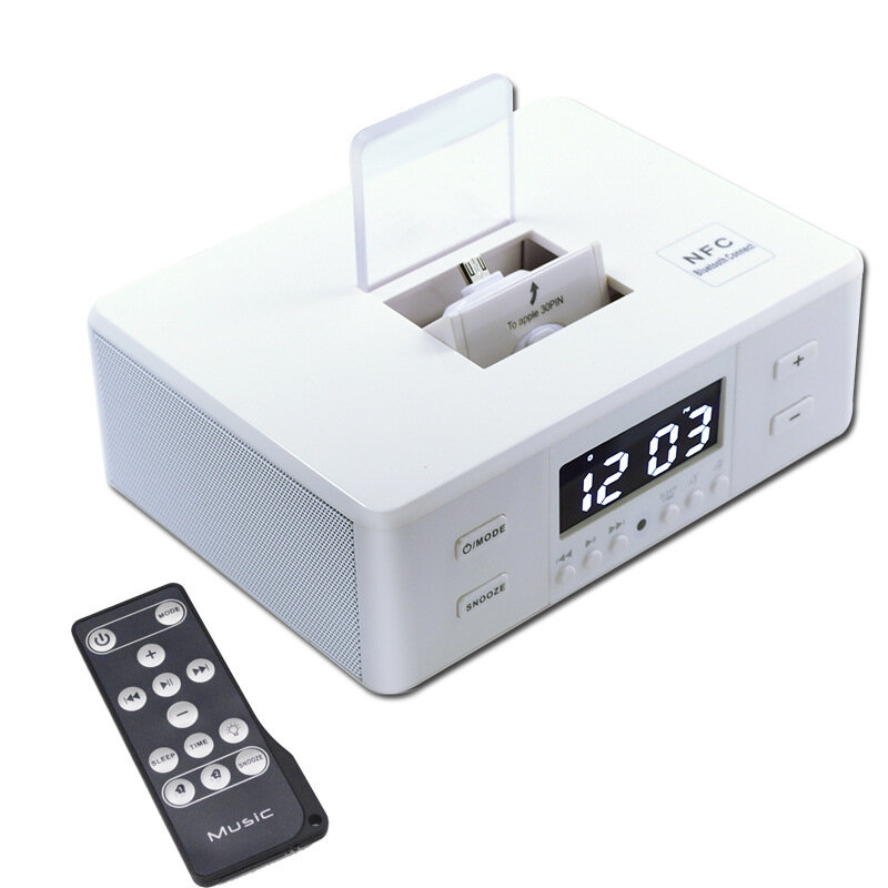 Wireless Bluetooth Speaker NFC with Phone Holder Charging Base Alarm Clock Desktop Bed Room USB TF Card FM AUX Subwoofer