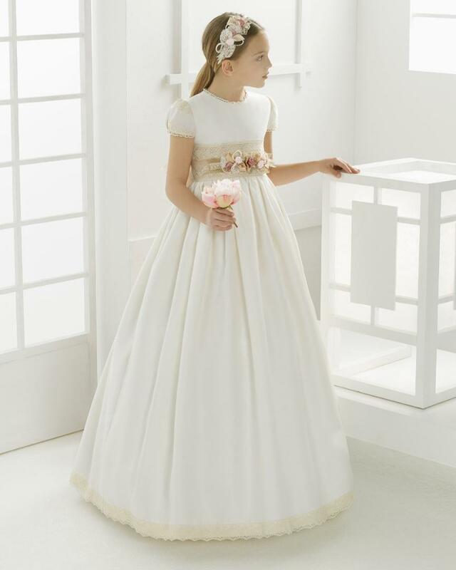 2023 mais novo concurso vestidos primeira comunhão vestidos para meninas cetim branco laço império flor menina para casamentos meninas