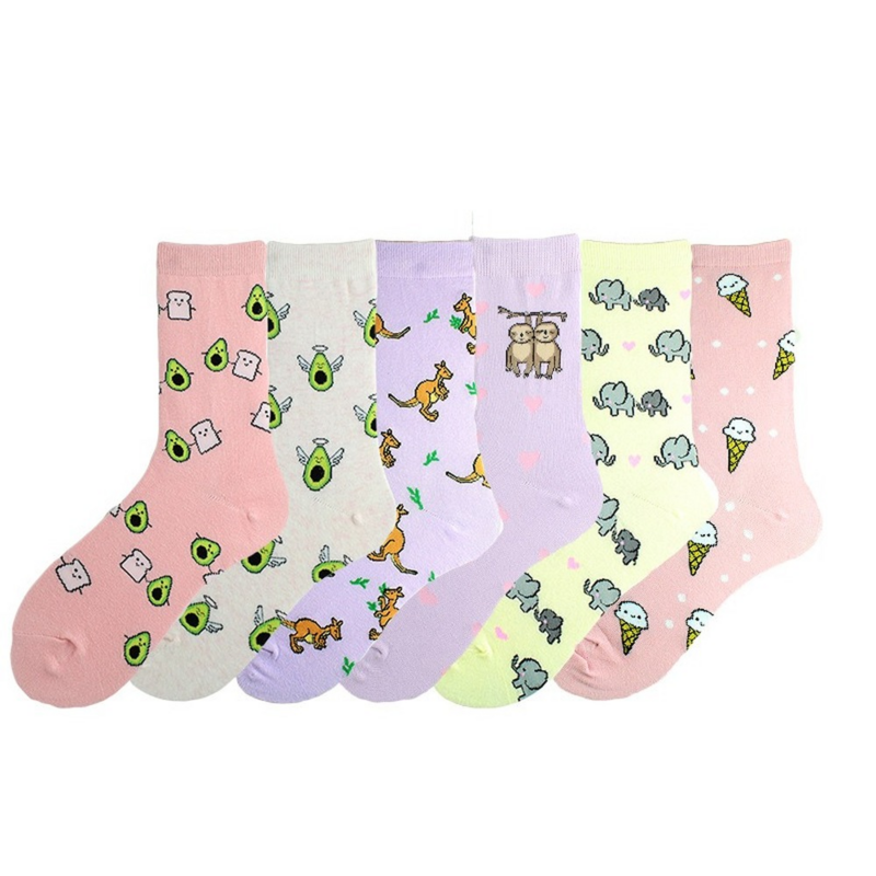 4/5/6 Pairs Harajuku Kawaii Korean Cute Cartoon Women Socks Fashion Casual Funny Flower Fruits Spaceman Cotton Socks