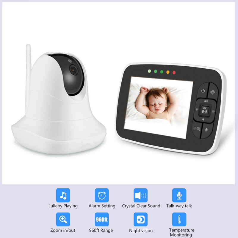 Babyphone vidéo sans fil, 3.5 pouces, Vision nocturne à infrarouge, avec caméra distante, avec fonction Pan-Tilt-Zoom, haute résolution