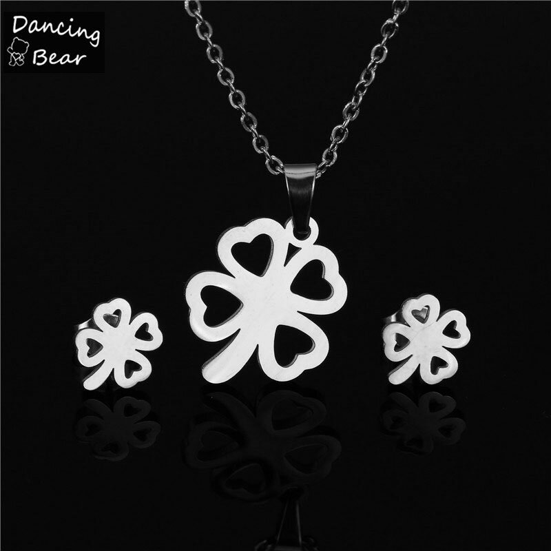 Silver Color Stainless Steel Necklace Earring Sets Bear Cross Clover Necklace Sets for Women Never Faded Color Jewelry Choker