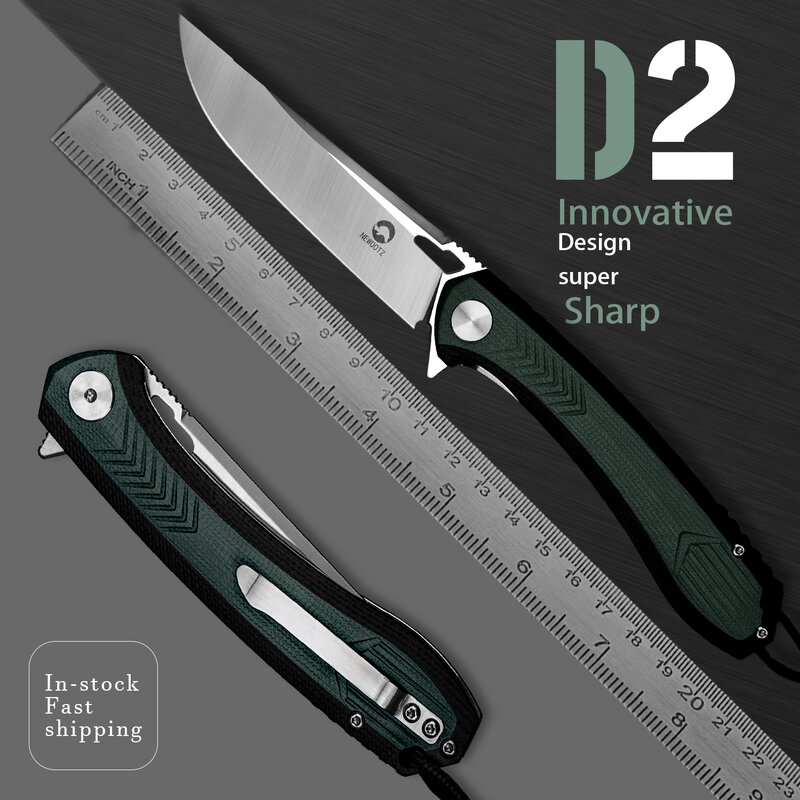 D2เครื่องมือมีดพับพร้อมคลิปสีเขียว G10จับ EDC มีดสำหรับตัดผลไม้ Outdoors Self Defense Peeler การล่าสัตว์
