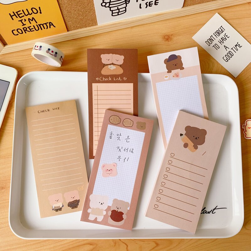 Libro de notas adhesivas largas de oso de galleta de Corea, cuaderno de notas de mensaje en forma de lágrima, Kawaii, papelería