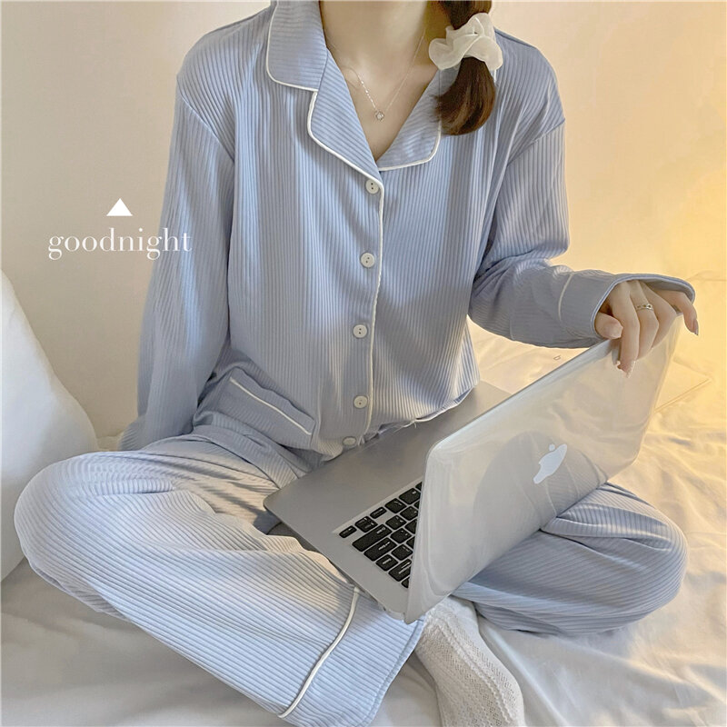 Os recém-chegados coreano moda bonito pijamas para as mulheres outono 2021 confortável macio duas peças conjunto de serviço em casa dormir topos