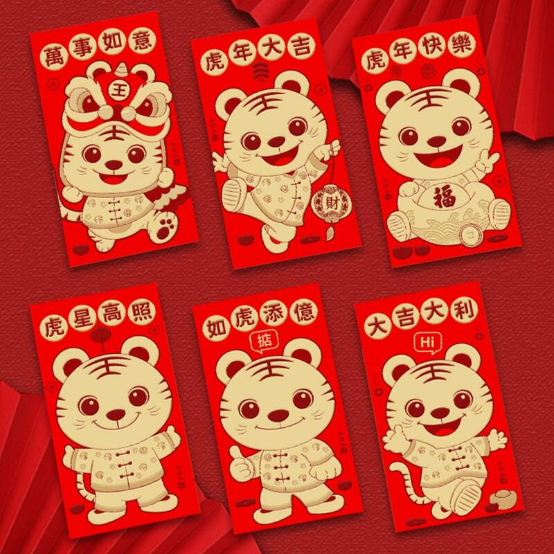 Lot de 6 pochettes rouges effet 3D 2022, papier tactile festif, sac d'argent porte-bonheur pour le nouvel an