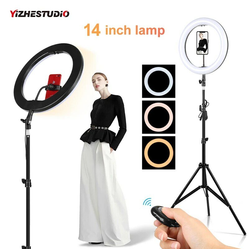 Yizhestudio-14 인치 조도 조절이 가능한 링 램프 35cm, 사진 조명, 블루투스 컨트롤, 유튜브 카메라 사진용 스탠드 포함
