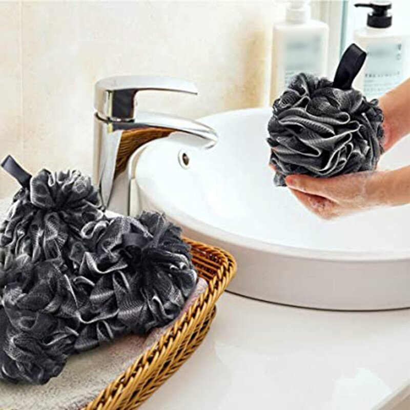 Palla da bagno in carbone di bambù con fiore da bagno nero da uomo 5 pezzi sfera da bagno a maglia Fine morbida e soffice per la pulizia profonda