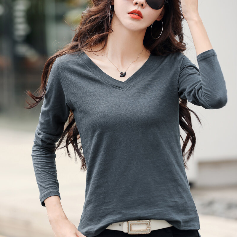 TuangBiang-Camiseta de algodón de bambú con dobladillo asimétrico para mujer, Camiseta holgada de color burdeos, camisetas cruzadas coreanas de manga larga para invierno 2023