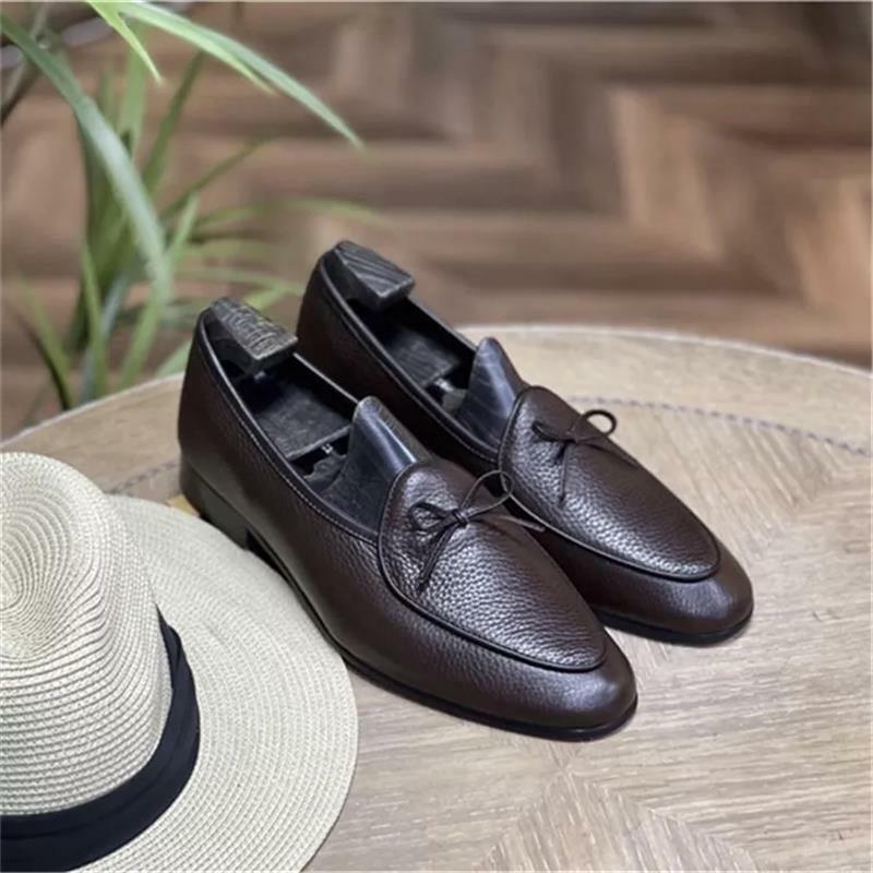 New Men Fashion Trend Business Dress Shoes Handmade Solid Color PU Round Head Thin Belt Bow Knot Put on Daily Loafers 3KC558