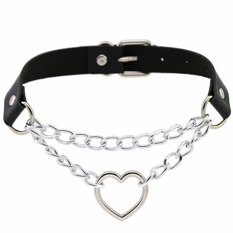 women hiphop cute cosplay Maid Collar Punk Gothic Leather Choker Metal Chain Harajuku Adjustable Heart Necklace Fashion Jewelry