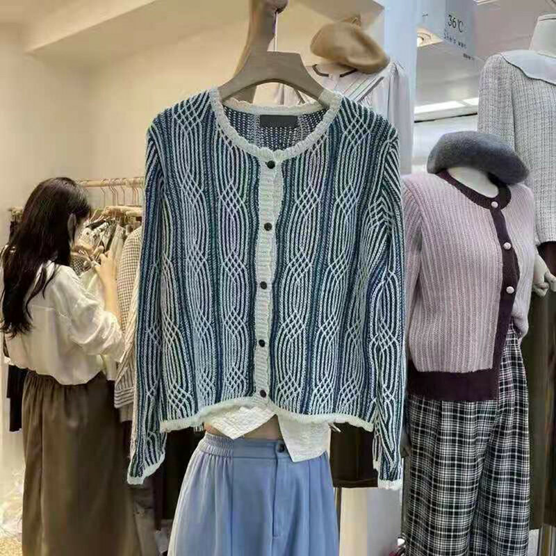 Coreano chique camisola de malha cardigan feminino manga longa vintage listrado blusas feminino outwear designer puxar femme