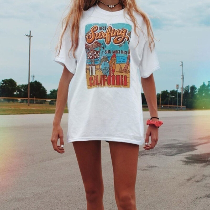 Vacation Beach T Shirt Summer White Tee The Best Surfing Women's Retro Style T Shirt Casual Oversized Tee