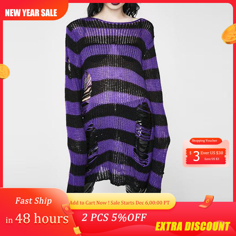 Suéter de punto gótico para Mujer, jerseys largos a rayas, suéteres rasgados de talla única para invierno, Halloween, 200