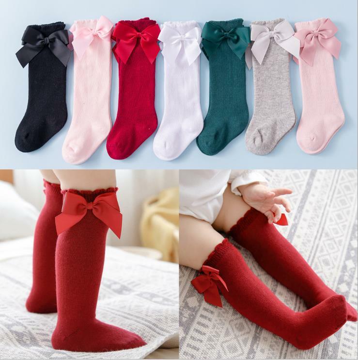 2021 calzini per neonate calzini per bambini con fiocco grande lunghezza al ginocchio calzini per bambini in pizzo di cotone 100% morbido di alta qualità